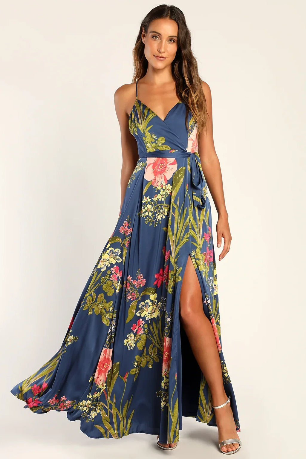 Still the One Blue Multi Floral Print Satin Maxi Dress