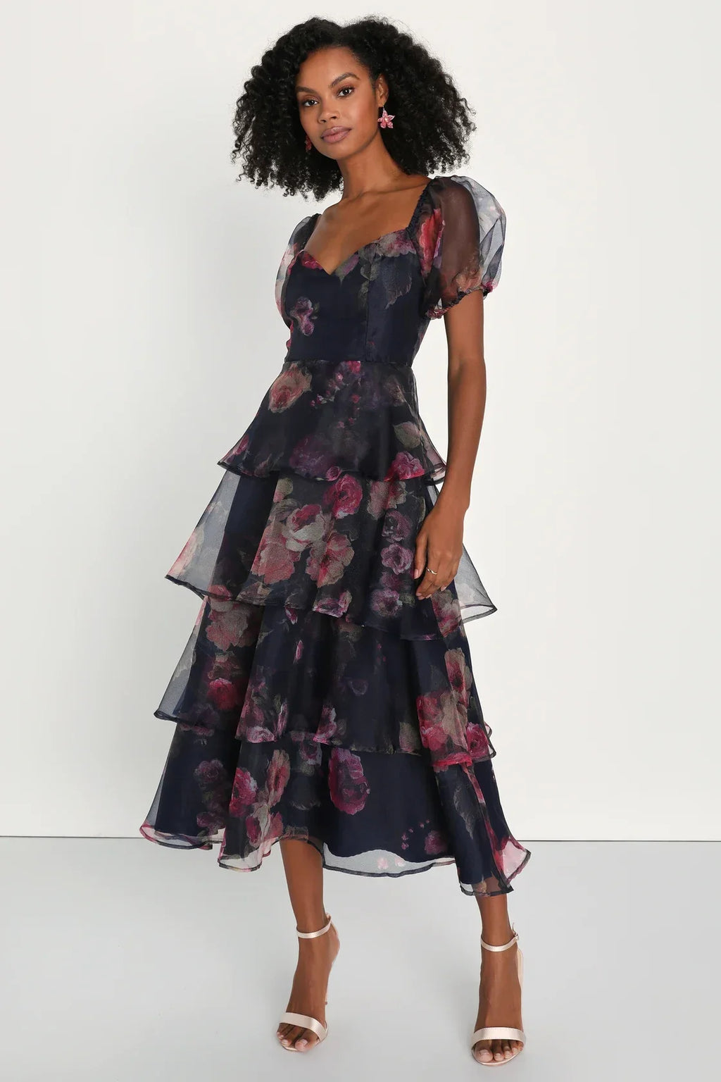 Oh-So Stunning Purple Floral Organza Tiered Midi Dress