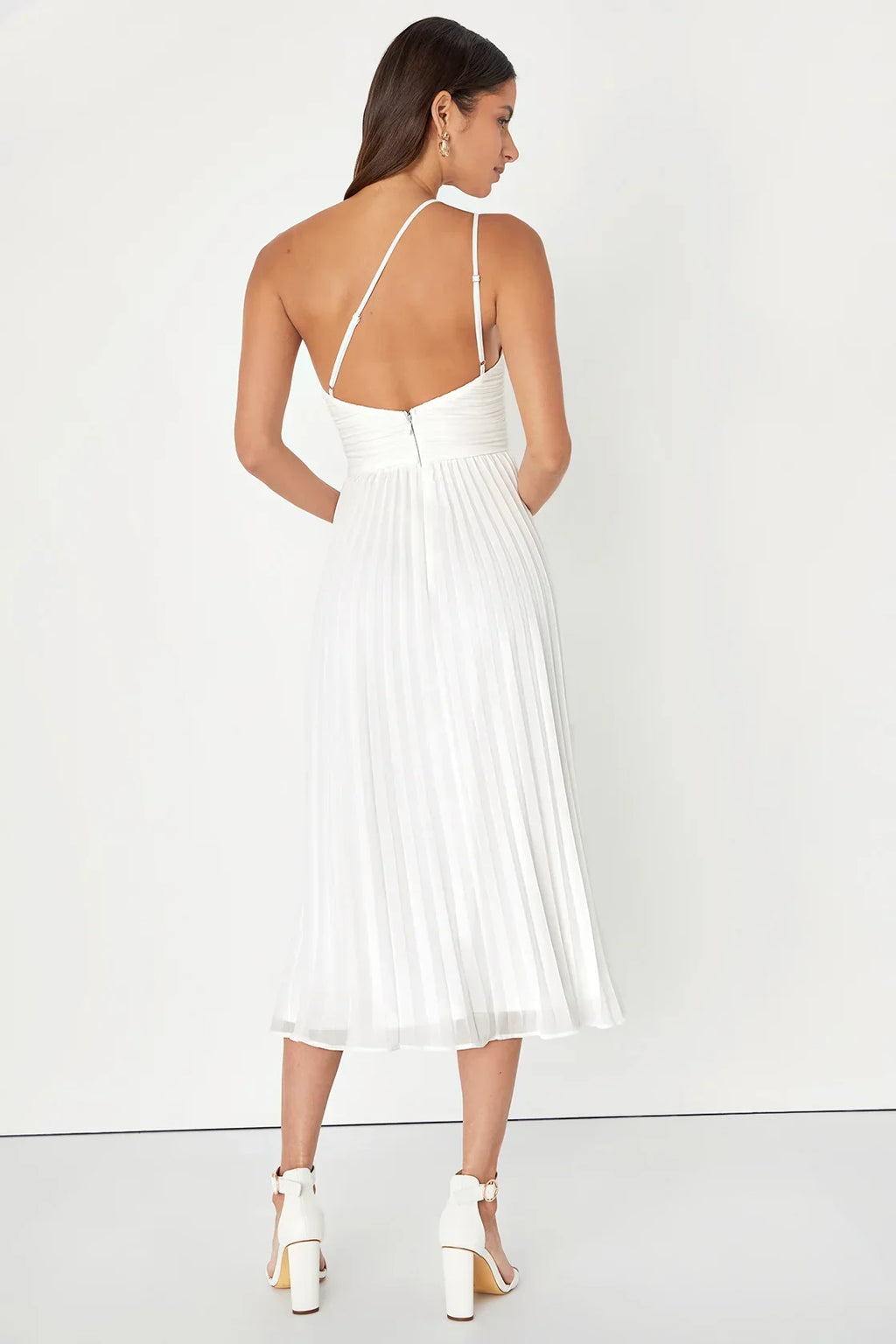 Wondrous Muse Navy Blue Pleated One-Shoulder Midi Dress