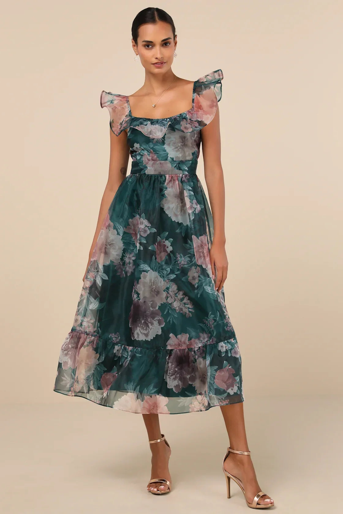 Sweet Composure Plum Floral Organza Off-the-Shoulder Midi Dress
