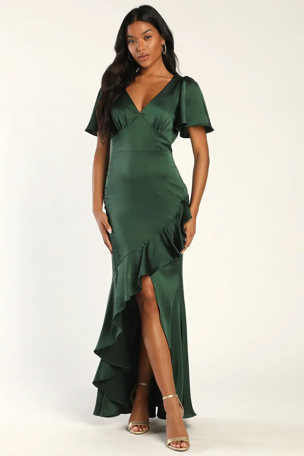 Eternal Bond Emerald Satin Ruffled Flutter Sleeve Maxi Dress