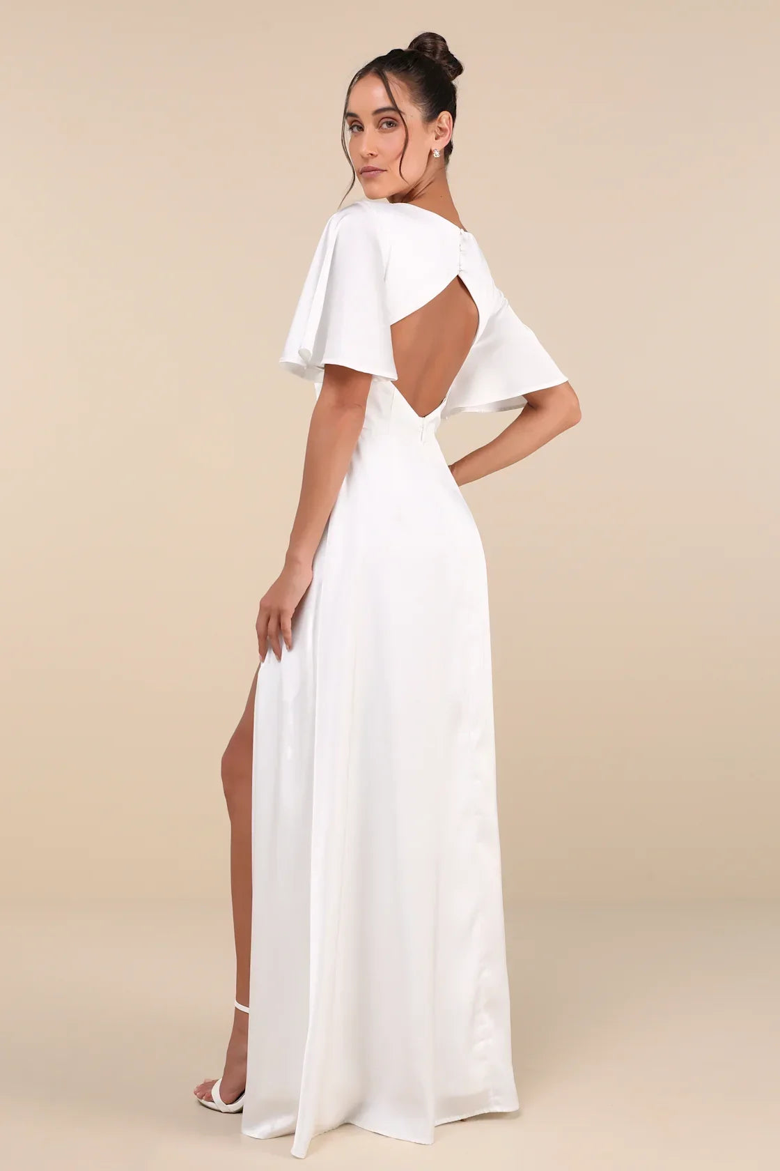 Elegant Confidence Navy Satin Flutter Sleeve Cutout Maxi Dress