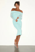 Valda Aqua Blue Mesh Ruched Off-the-Shoulder Midi Dress