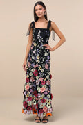 Thriving Poise Teal 3D Floral Embroidered Tie-Strap Maxi Dress