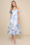 Sweet Composure Plum Floral Organza Off-the-Shoulder Midi Dress