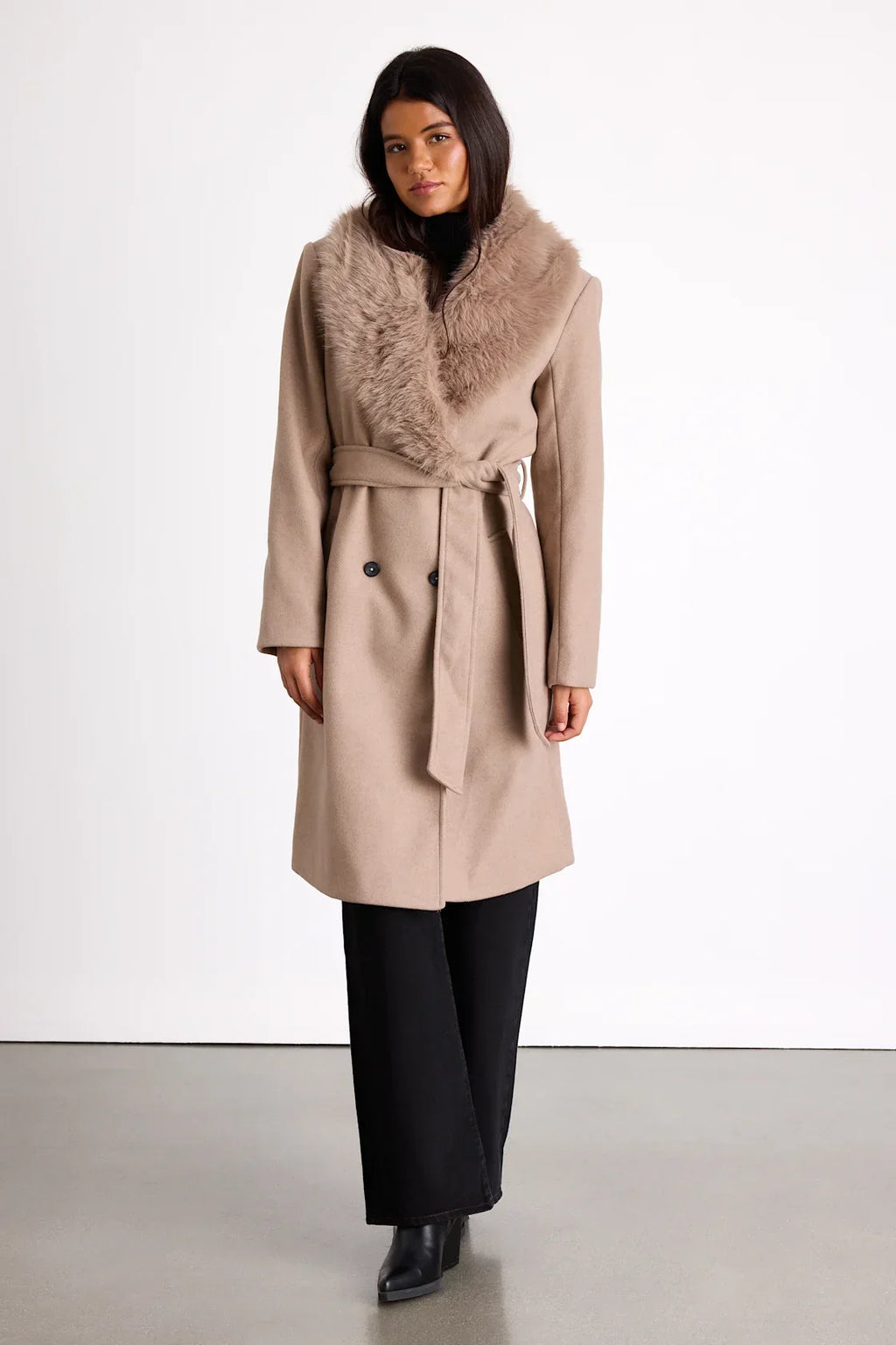 Cantrell Taupe Double-Breasted Faux Fur Coat