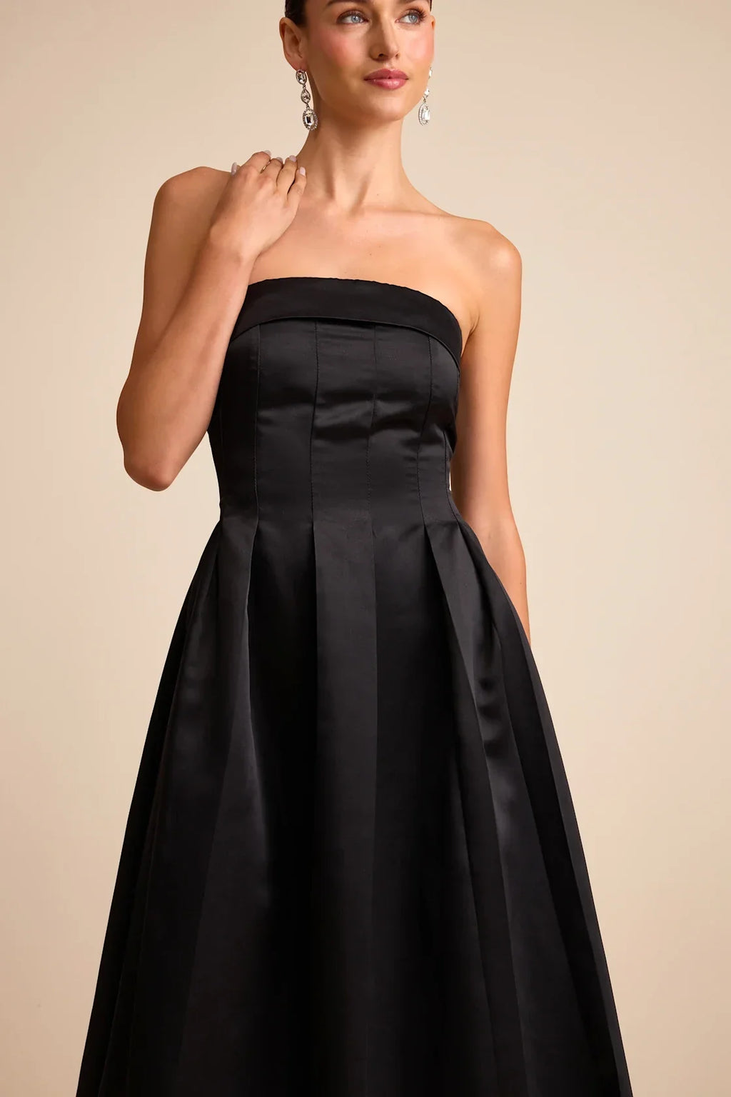 Indaya Black Satin Seamed Pleated Strapless Midi Dress
