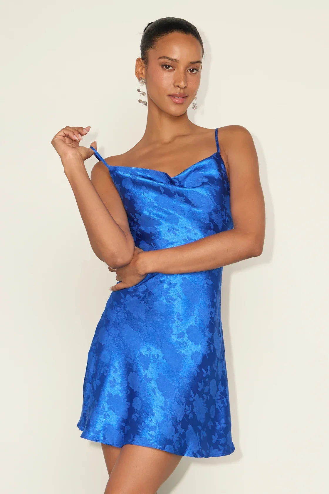 Close to Your Heart White Satin Jacquard Cowl Slip Dress
