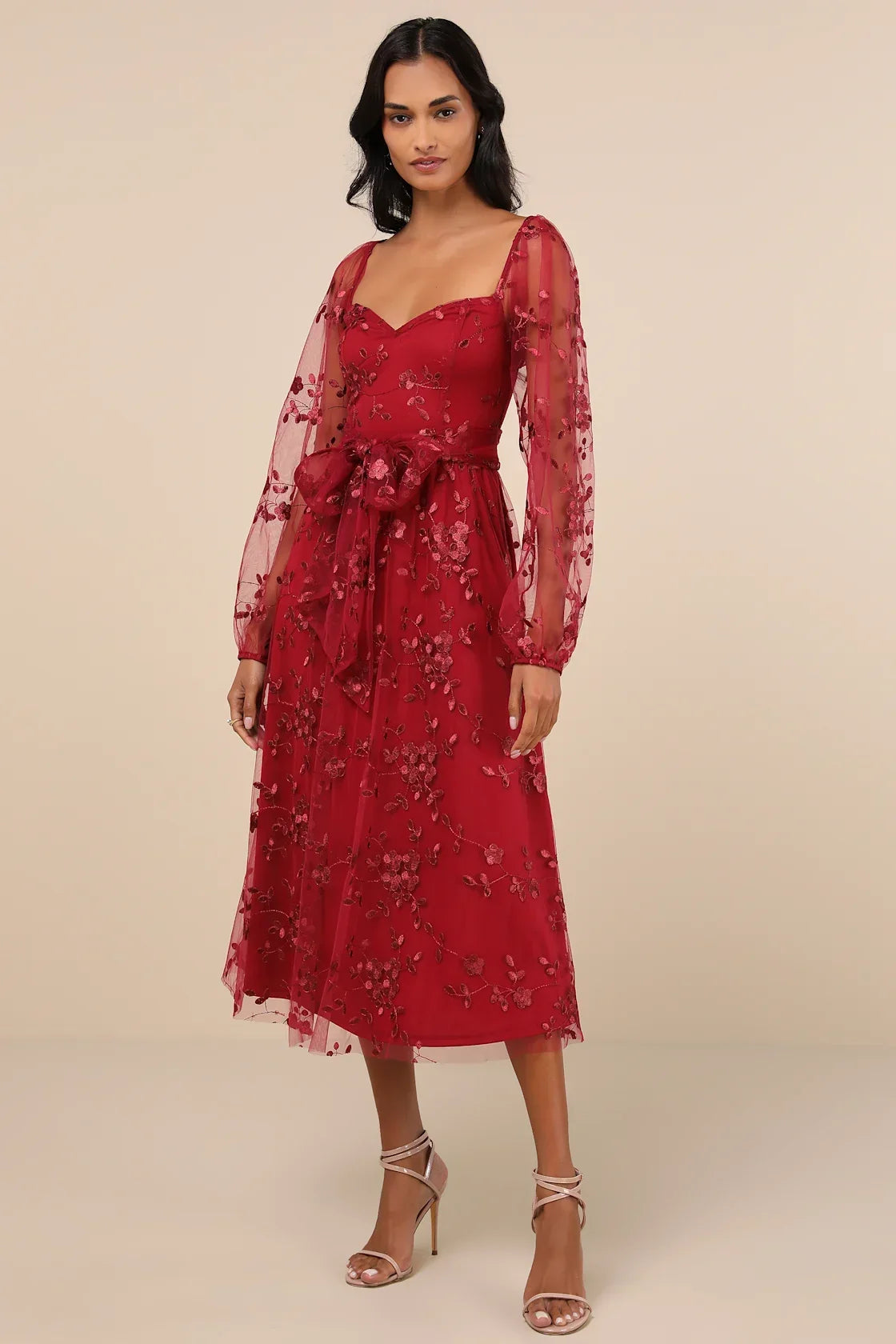 Darling Charisma Wine Red Mesh Embroidered Midi Dress