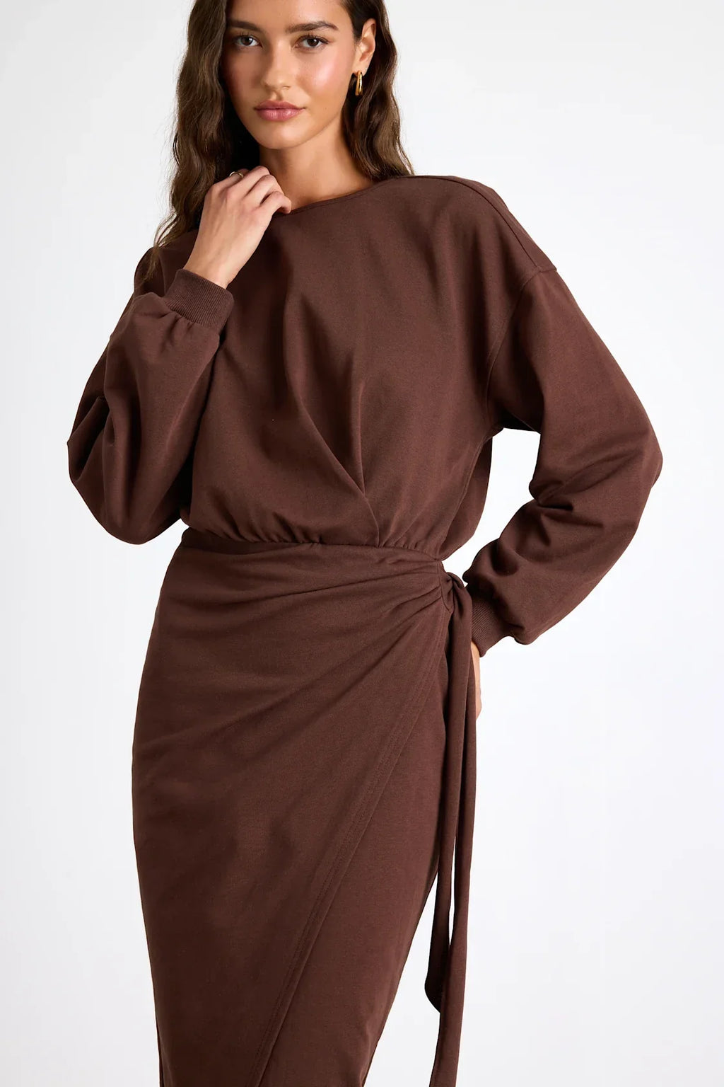 Eunia Charcoal Grey Jersey Knit Long Sleeve Wrap Midi Dress