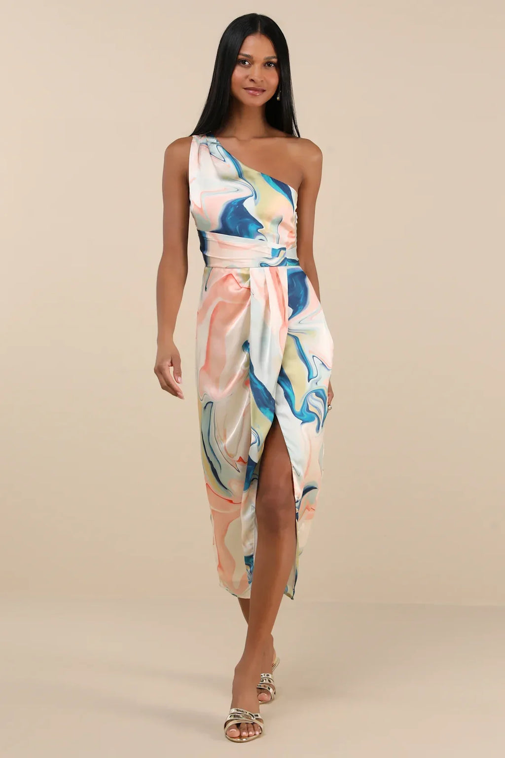 Rhema White Multi Abstract Print Satin Midi Dress