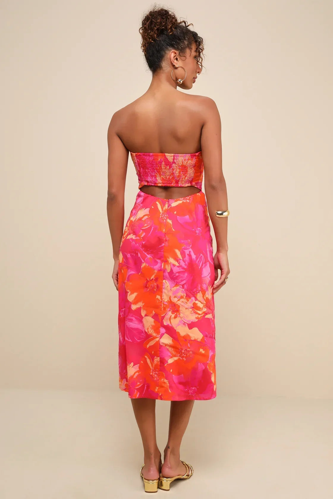 Bold Tendencies Fuchsia Floral Strapless Cutout Midi Dress