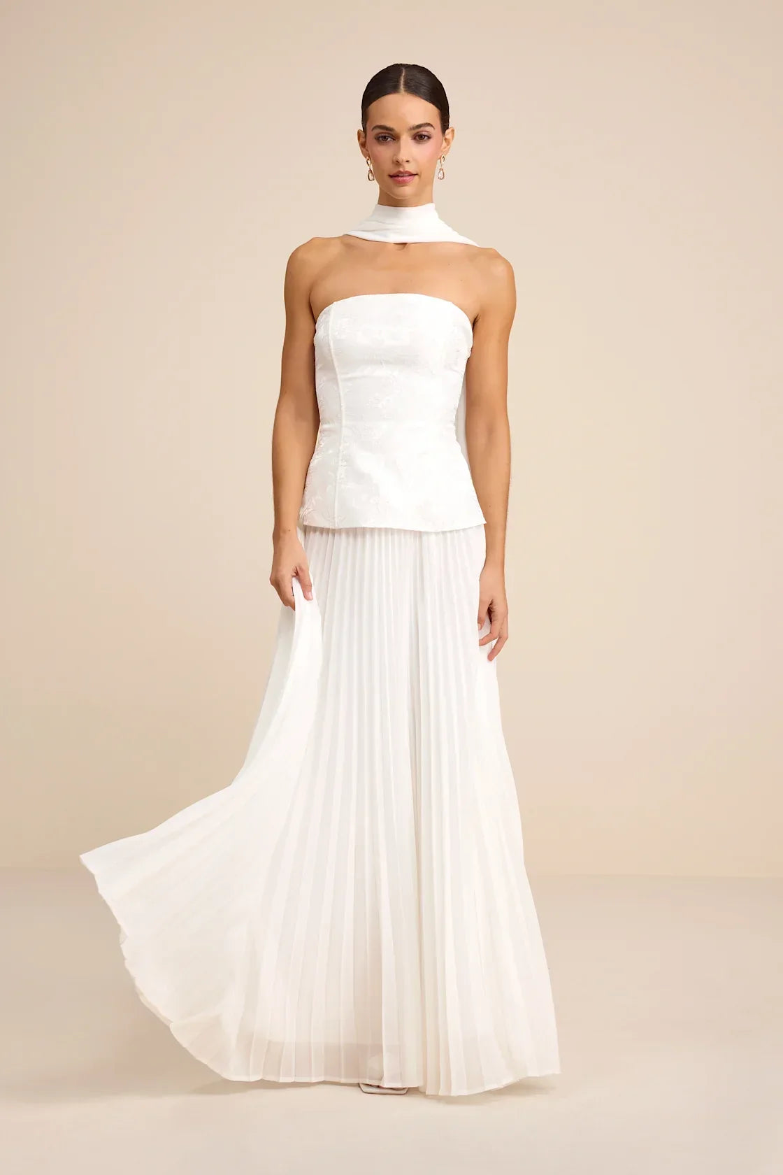 Eloise White Jacquard Pleated Maxi Dress and Scarf Set