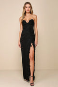 Elegant Mood Black 3D Floral Applique Strapless Maxi Dres