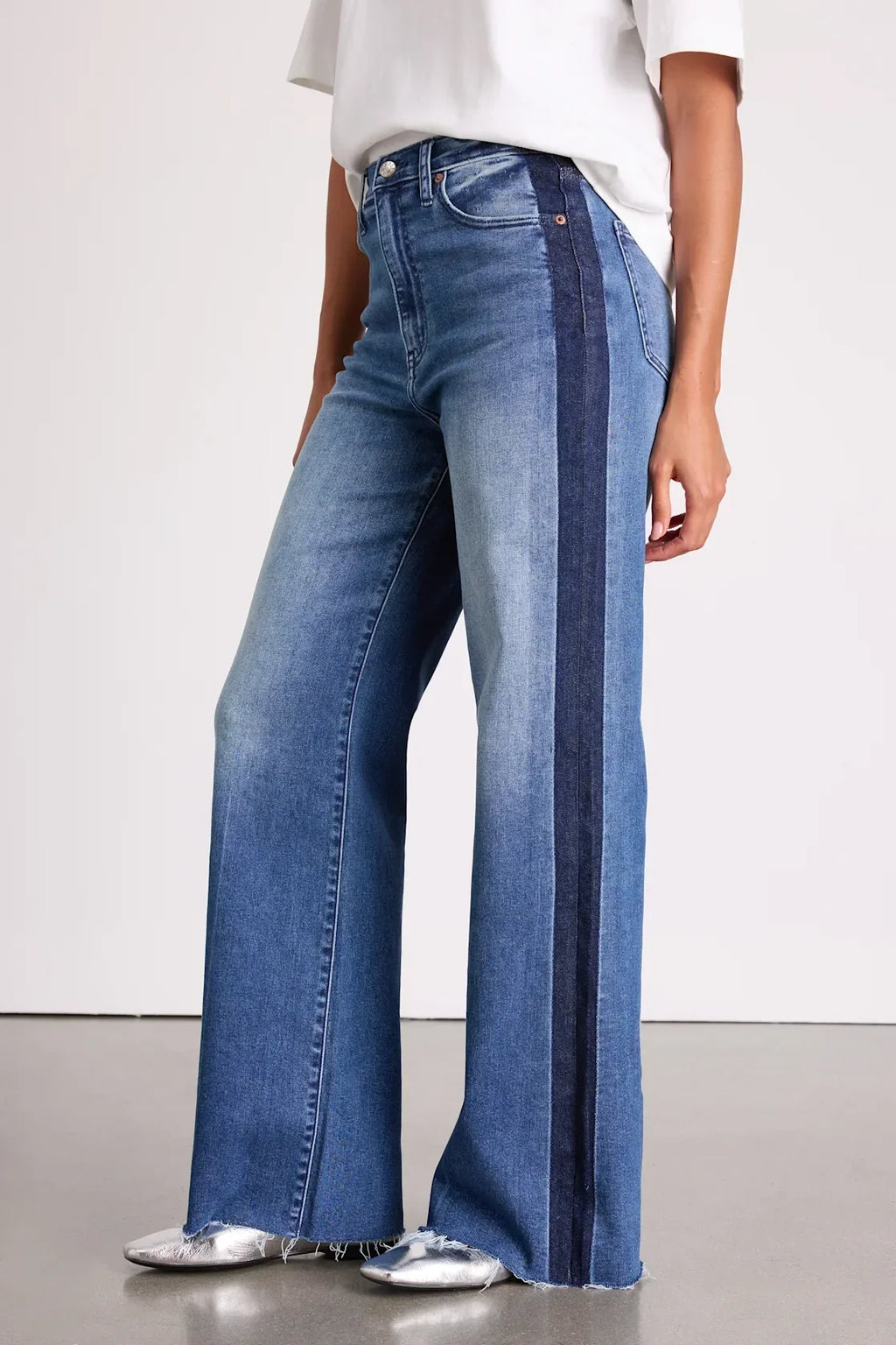 Far Out Medium Wash Striped Raw Hem Wide-Leg Jeans