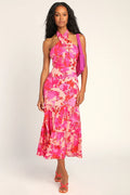 Always Eye-Catching Hot Pink Floral Tiered Halter Midi Dress