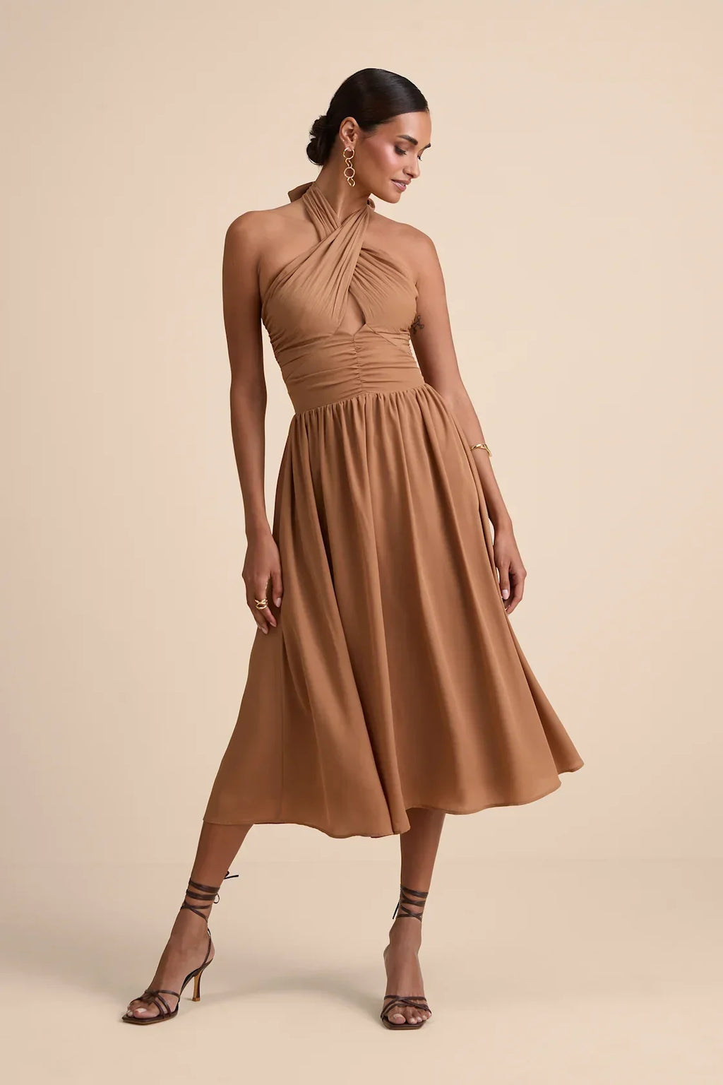 Emrah Red Cross-Front Cutout Halter Midi Dress