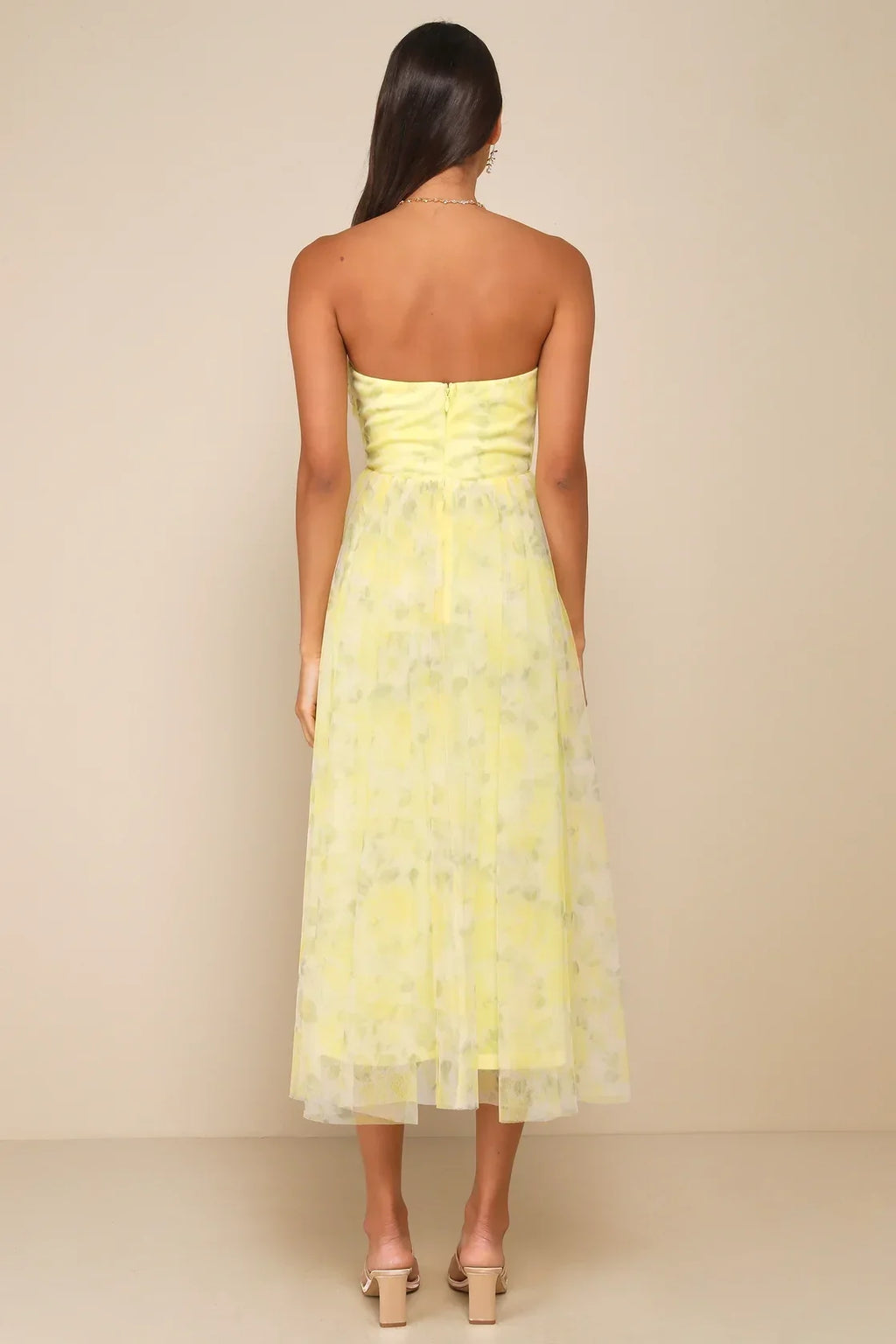 Perfect Whimsy Yellow Floral Mesh Strapless Midi Dress
