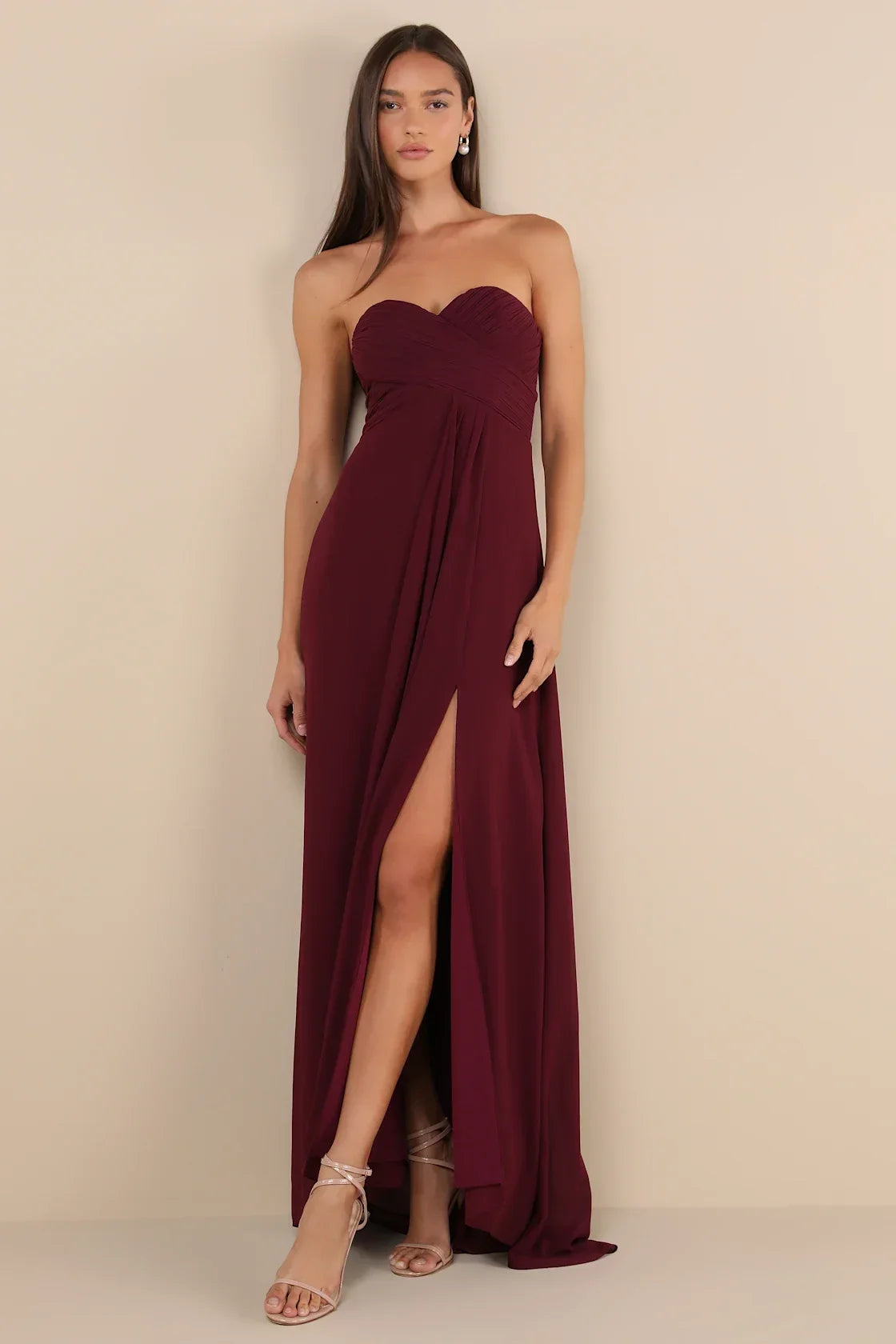 Splendid Aura Plum Purple Chiffon Pleated Strapless Maxi Dress