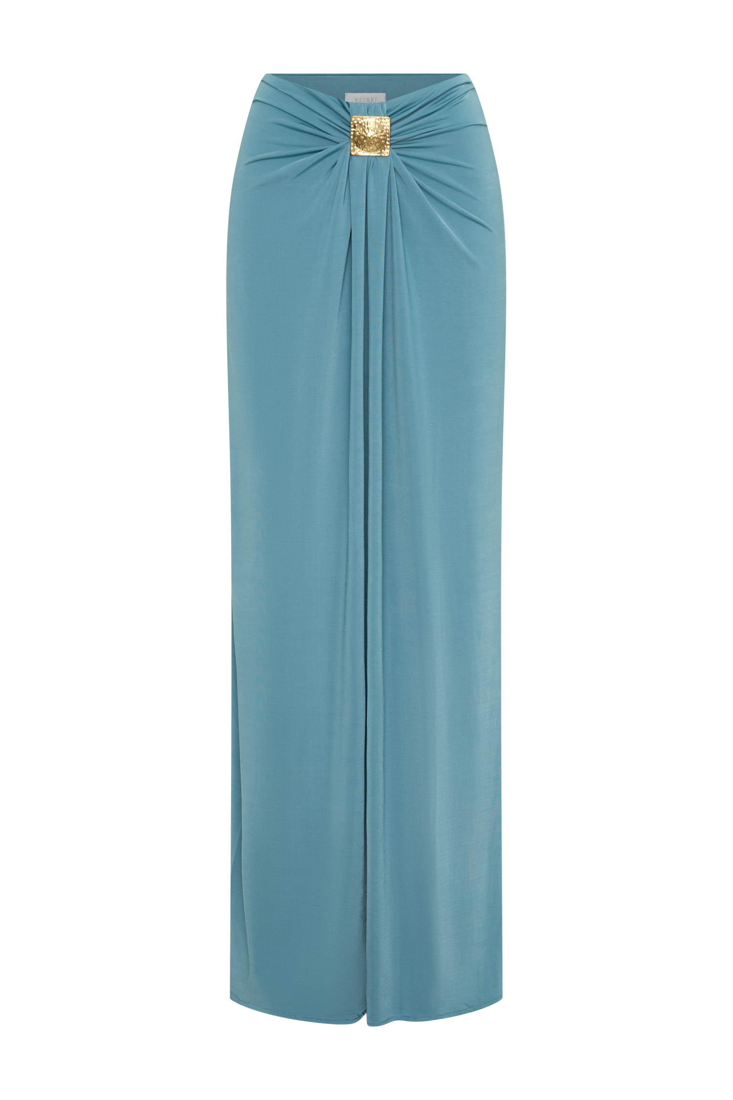 Erina Slinky Ruched Maxi Skirt With Hardware - Teal