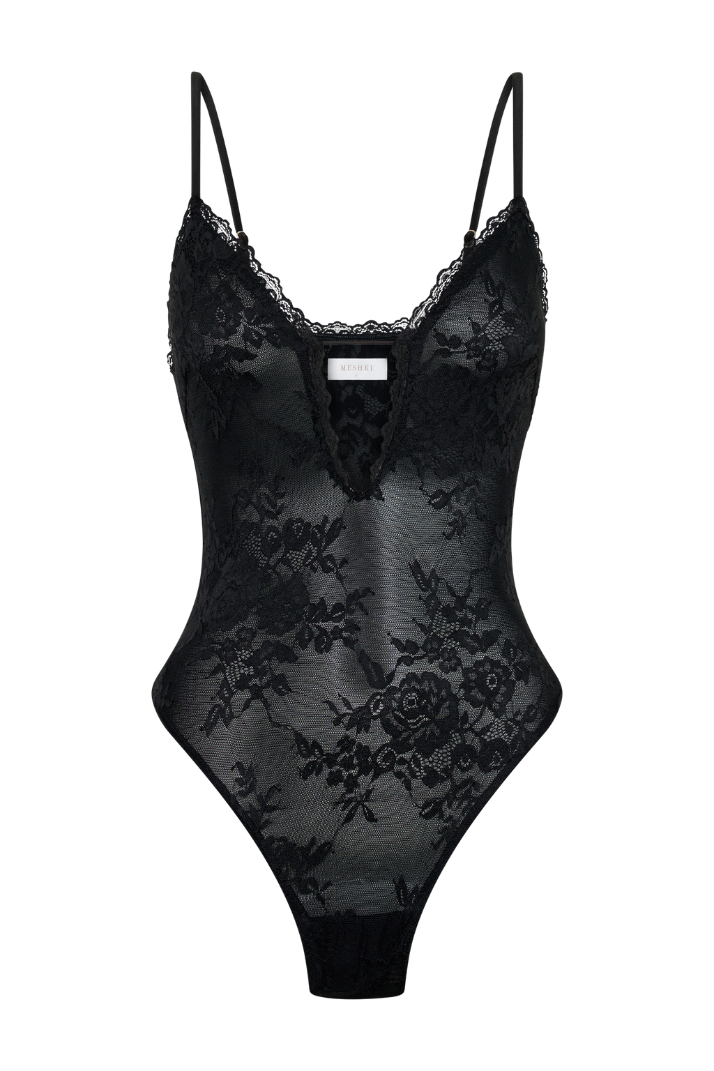 Jasper Sheer Plunge Lace Bodysuit - Black