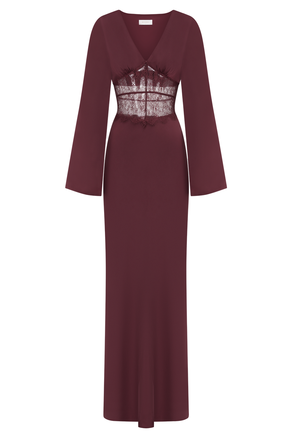 Kaya Long Sleeve Satin And Mesh Maxi Dress - Wine