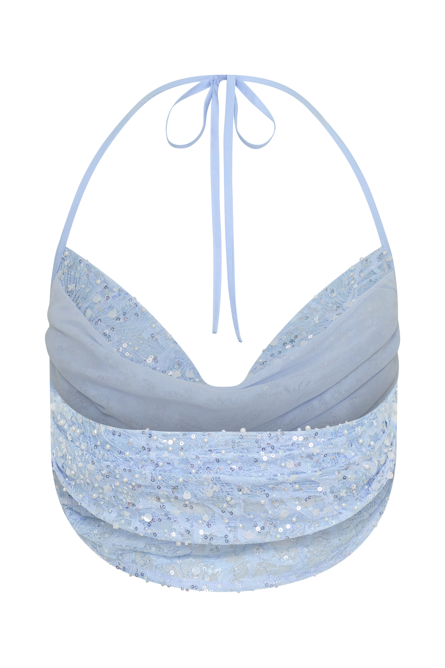 Kiara Pearl Beaded Cowl Crop Top - Powder Blue