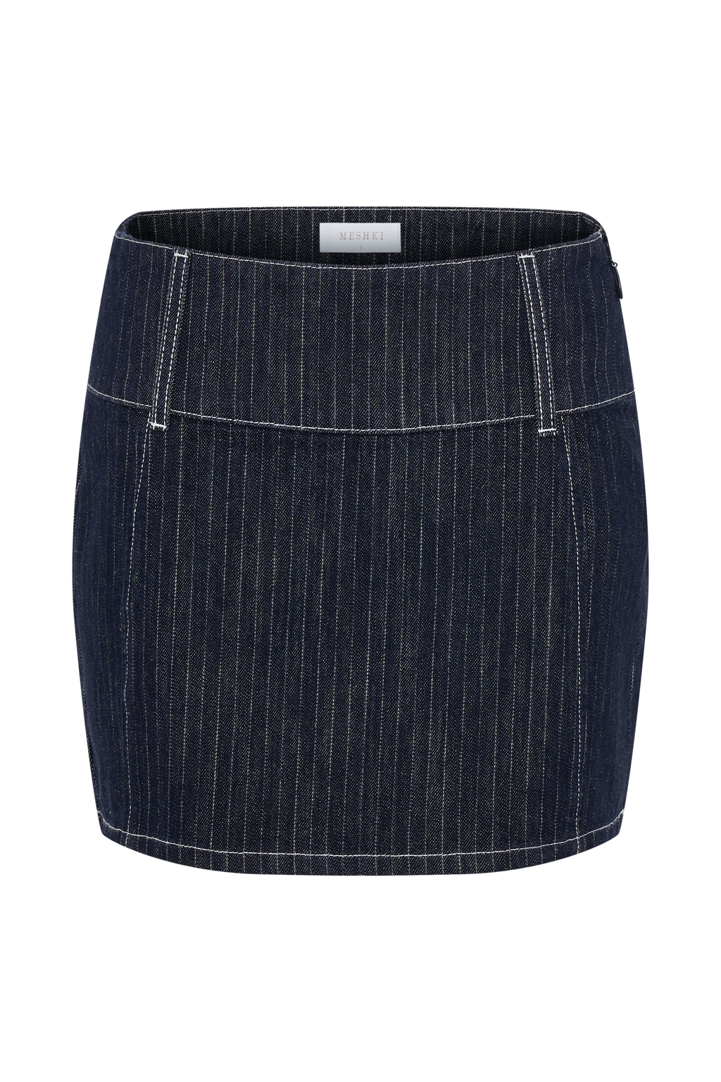 Loraine Mid Rise Denim Mini Skirt - Indigo Pinstripe