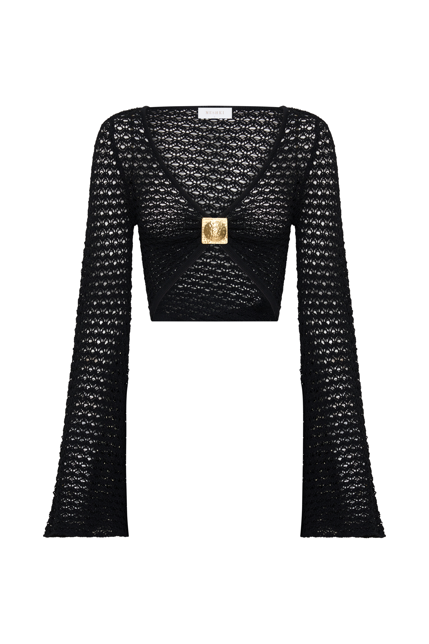 Mania Crochet Long Sleeve Cropped Top - Black