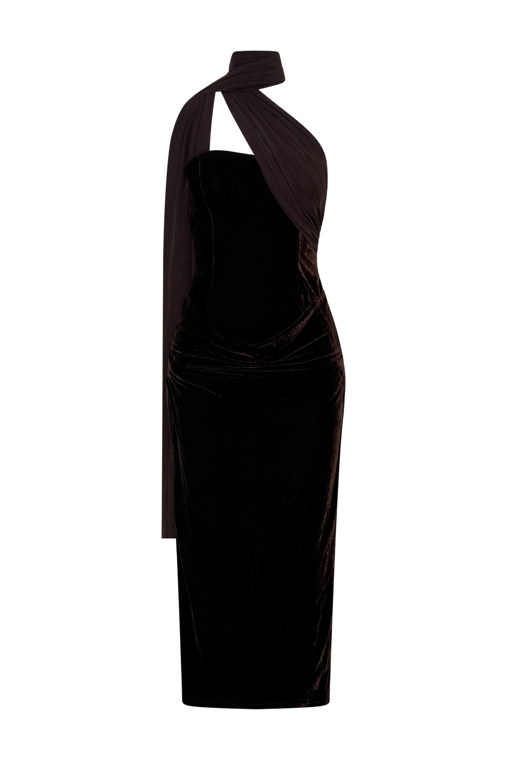 Mattea Velvet Midi Dress With Scarf - Chocolate