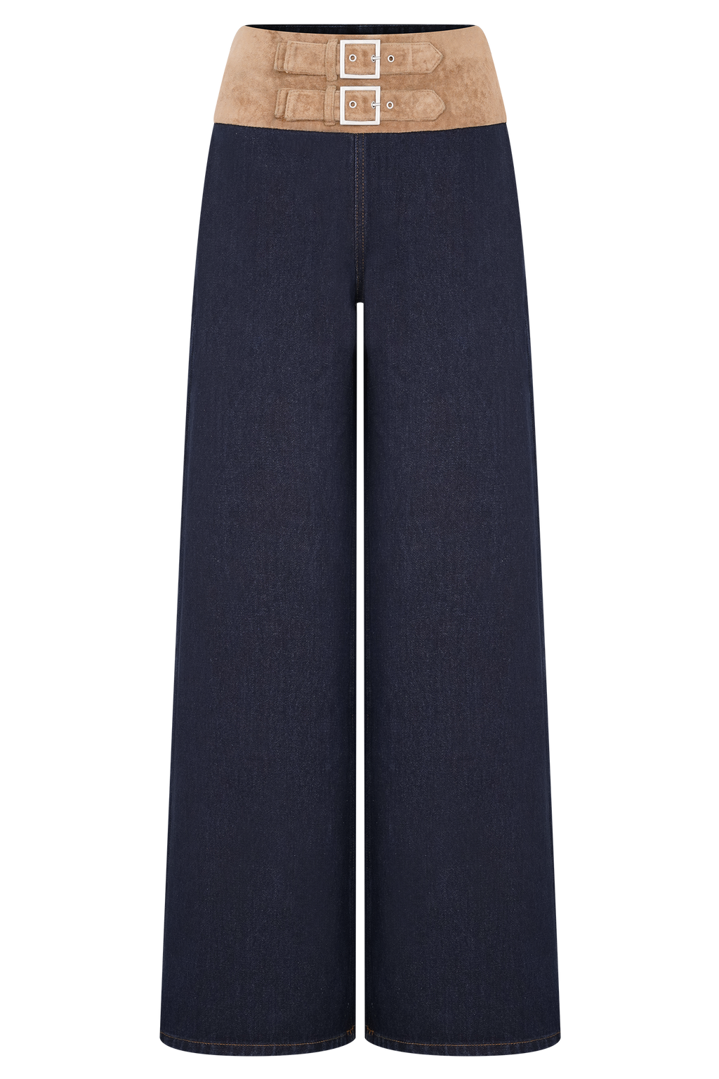 Miranda Faux Suede Belted Denim Wide Leg Jeans - Indigo Blue